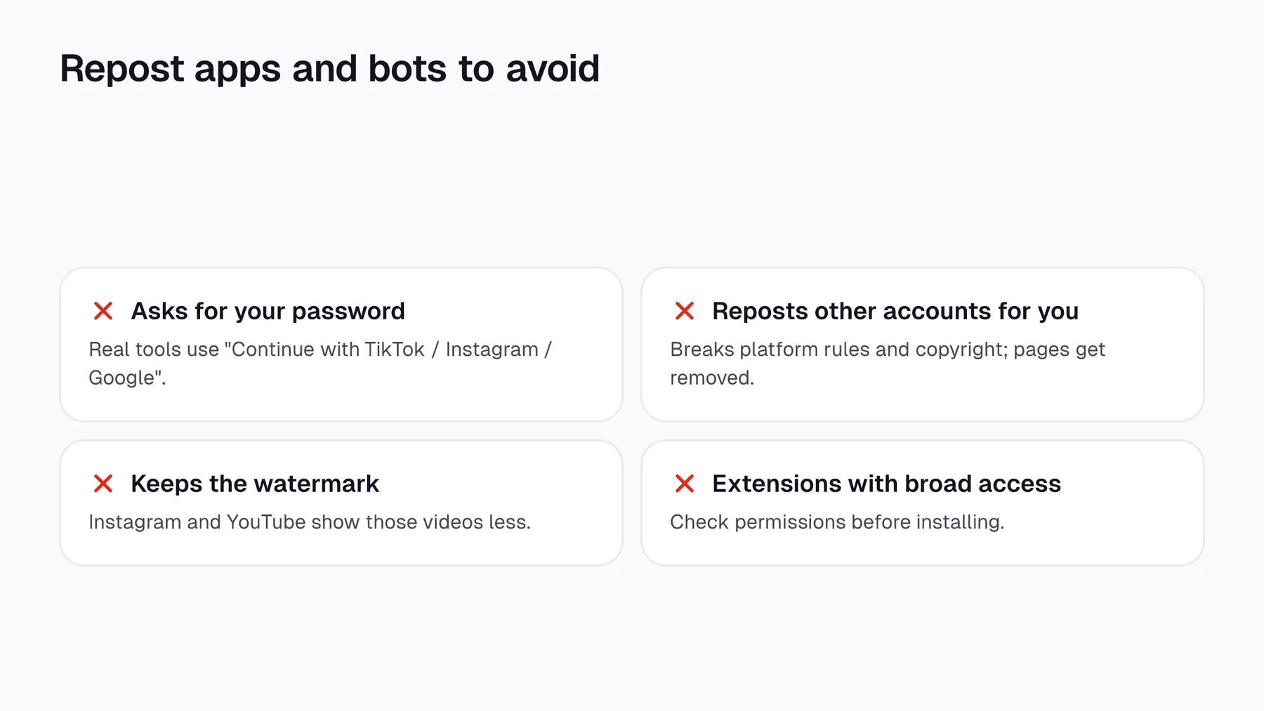 Four warning signs: asks for your password, reposts other accounts, keeps the watermark, browser extensions with broad access