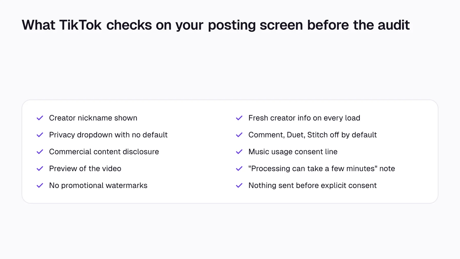 Checklist of the posting-screen requirements TikTok reviews before approving an app
