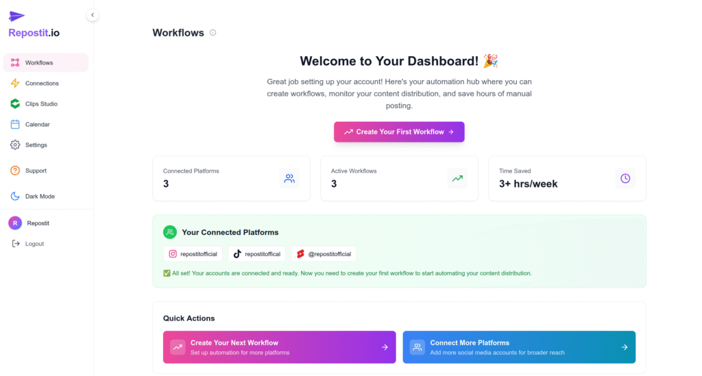 Repost TikTok on Instagram Reels Automatically 2026 Guide 3 welcome dashboard login page