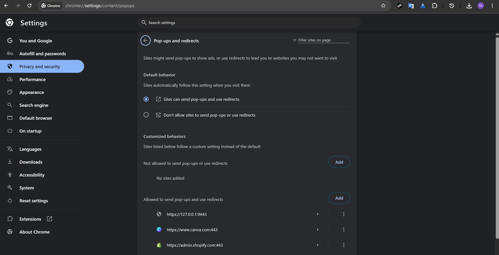 Chrome pop-ups and redirects settings in English