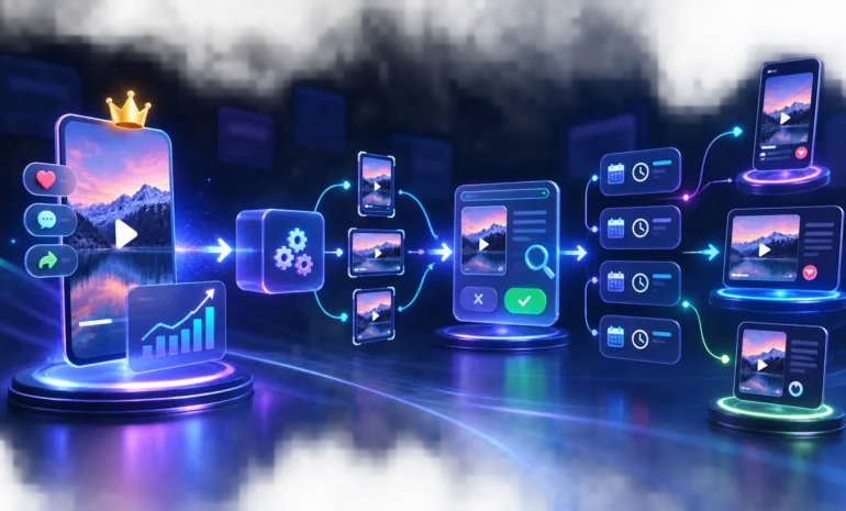 Top-performing short-form video moving through a reviewed automation workflow to several publishing destinations