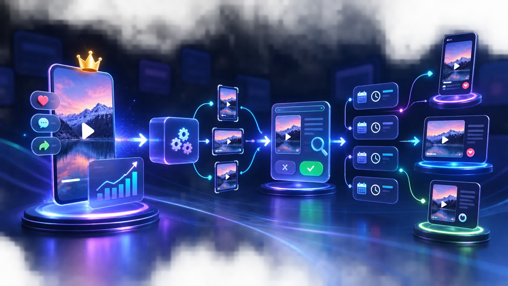 Top-performing short-form video moving through a reviewed automation workflow to several publishing destinations