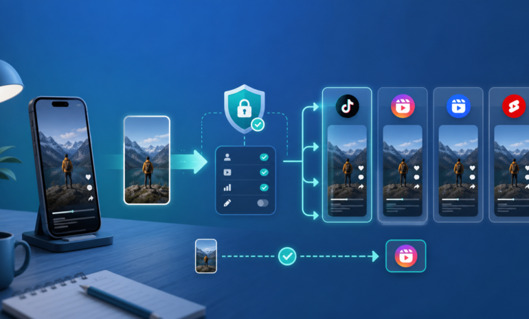 Secure content repurposing workflow connecting one finished video to multiple social media accounts