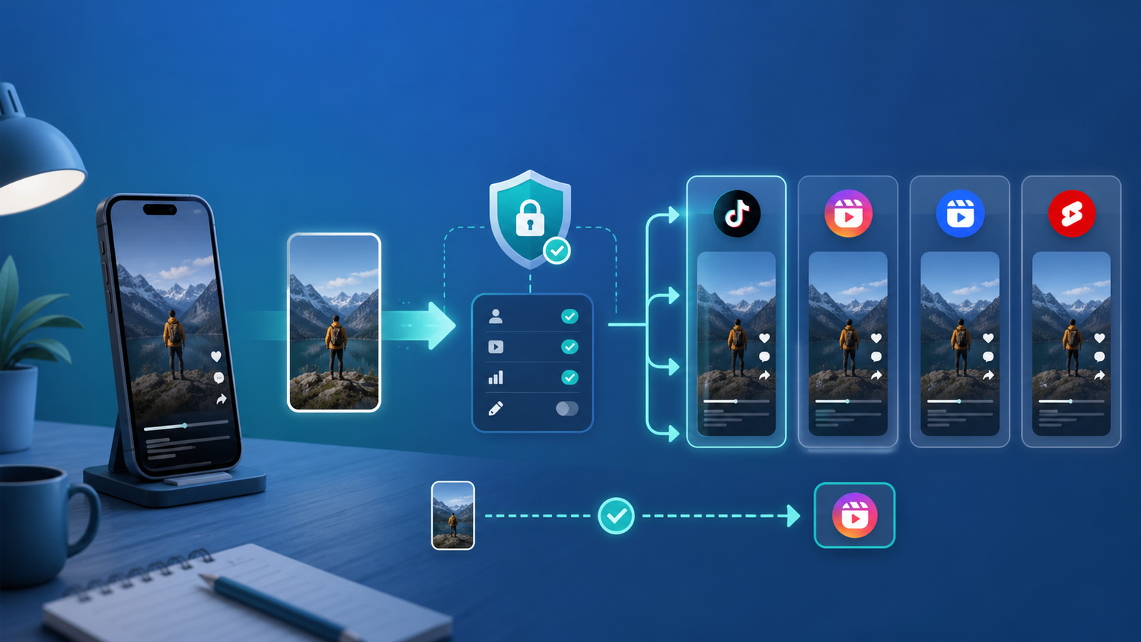 Secure content repurposing workflow connecting one finished video to multiple social media accounts