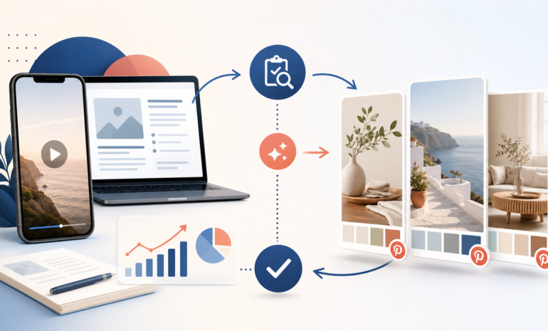 Content repurposing workflow turning a video and article into reviewed Pinterest Pins with analytics checks