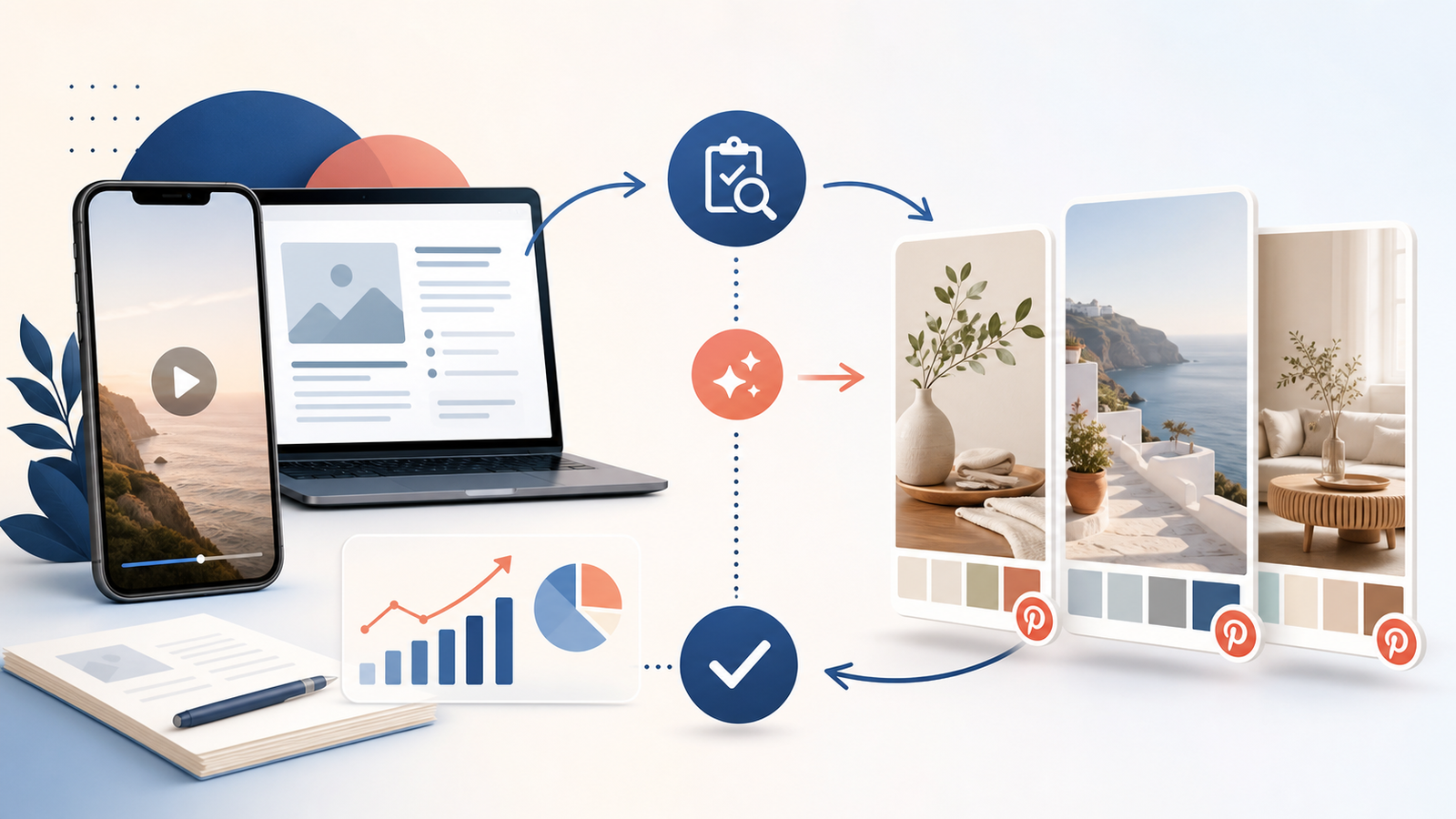Content repurposing workflow turning a video and article into reviewed Pinterest Pins with analytics checks