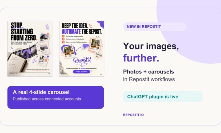 Two slides from a real Repostit carousel beside the image repurposing and ChatGPT launch