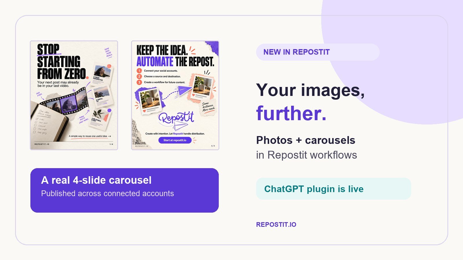 Two slides from a real Repostit carousel beside the image repurposing and ChatGPT launch