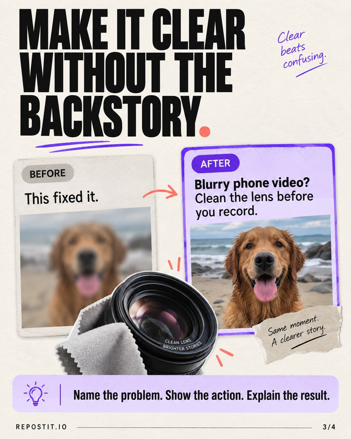 A Real Carousel, Image Repurposing, and the Repostit ChatGPT Plugin 3 Third slide showing a before-and-after example of a clear educational post
